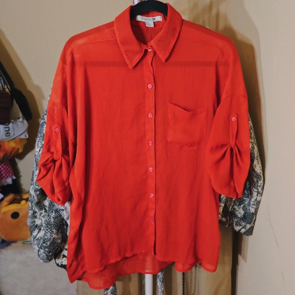 Oversized Orange Sheer Button Up Shirt - Picture 1 of 4